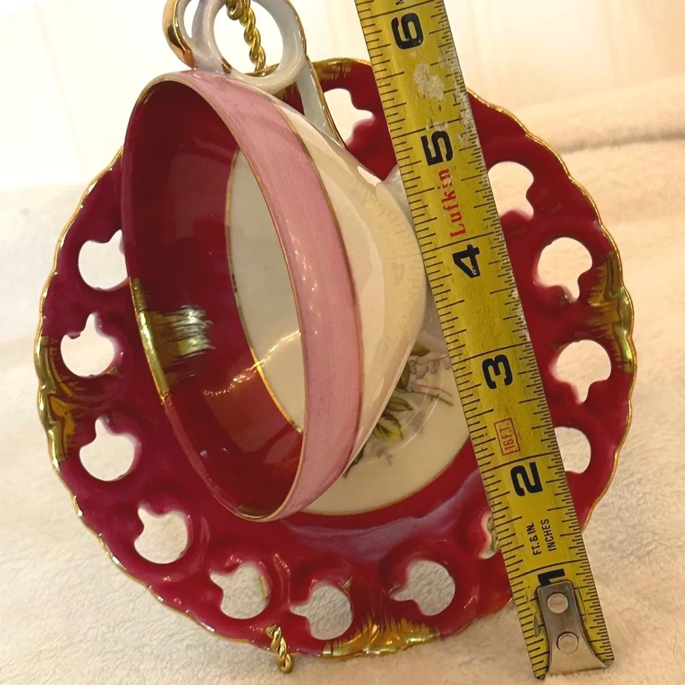 Japan Porcelain Tea Cup Saucer Set Pink Gold Reticulated Rose Floral Excellent